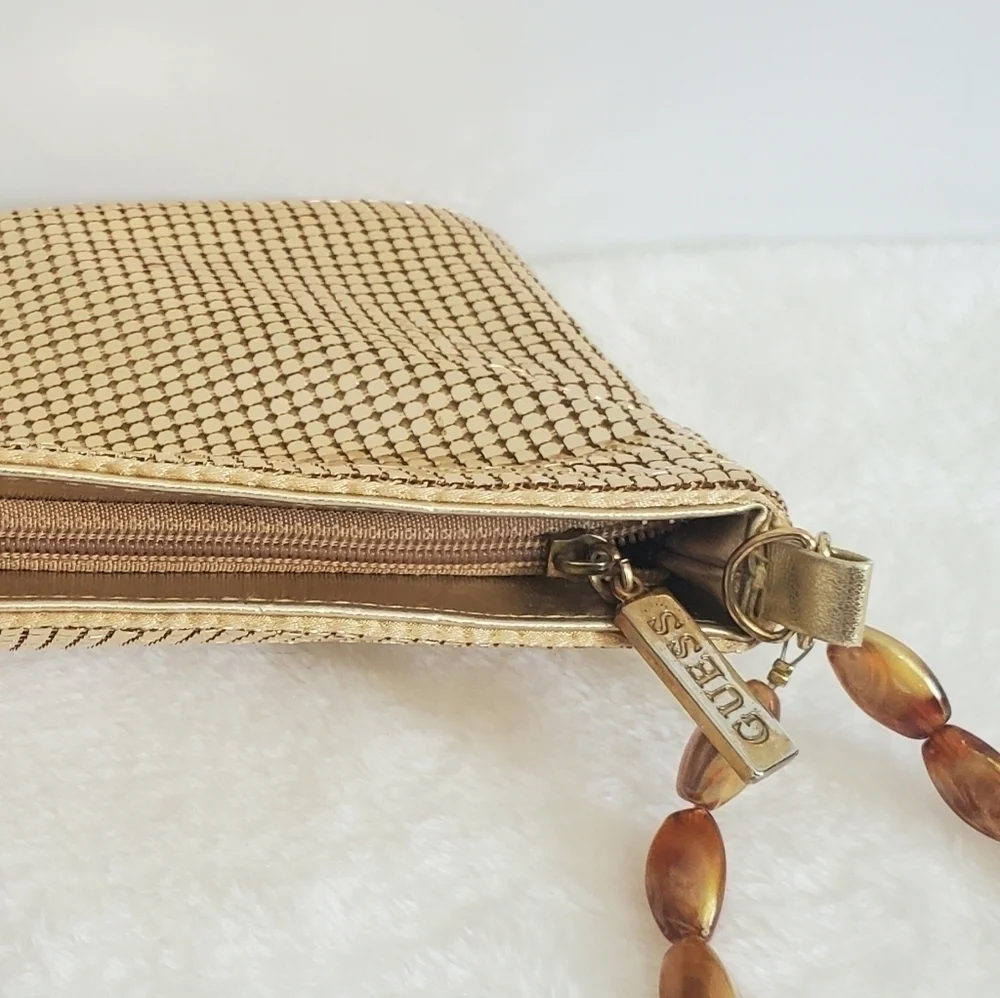 Guess Gold One Starry Night Metal Metallic Mesh Clutch Wristlet Purse